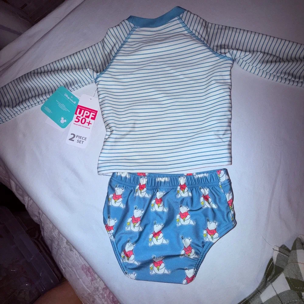 Disney Winnie the Pooh Swimsuit Baby 12M Blue NEW Rash Guard Set UPF 50+